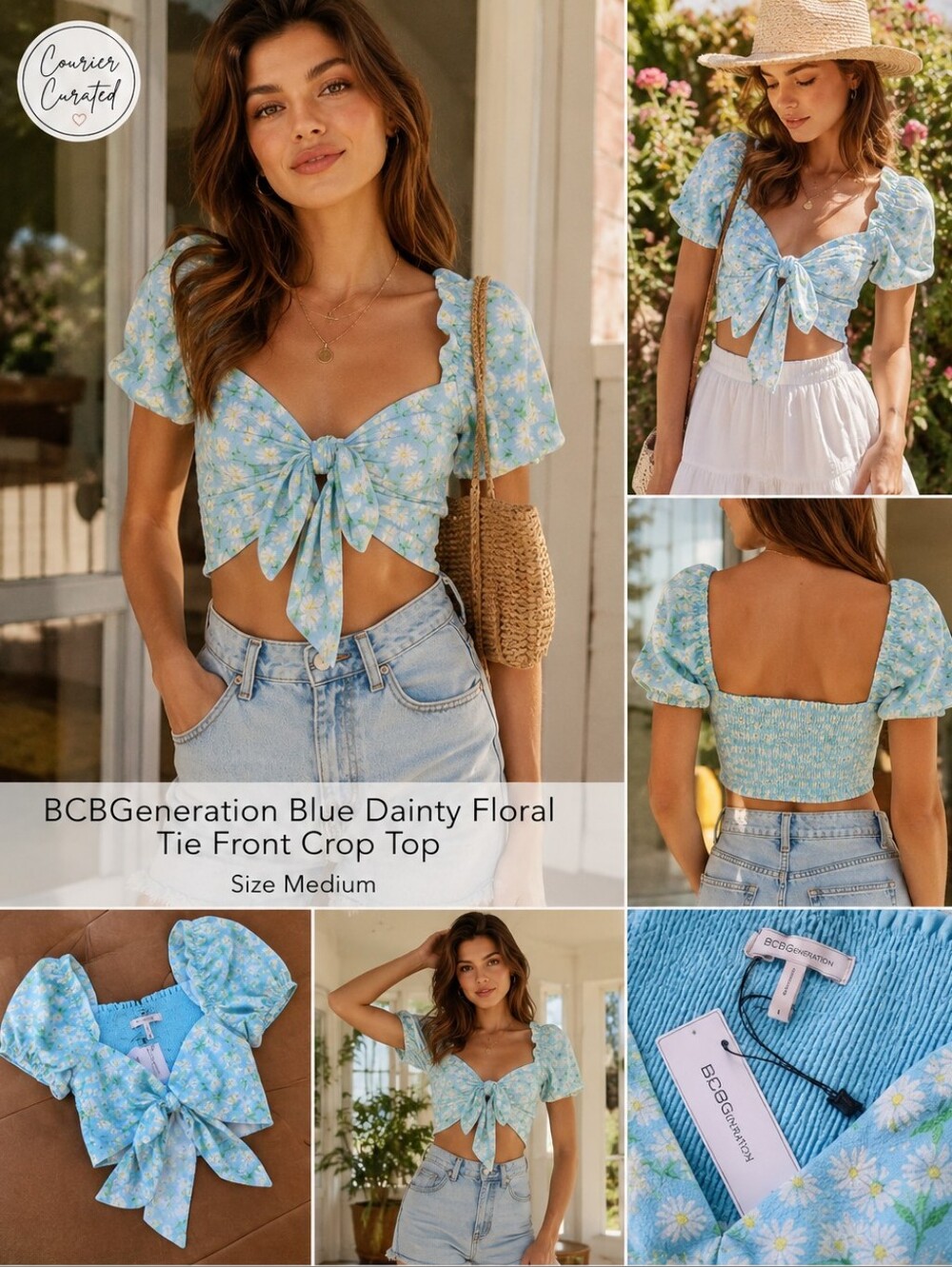 BCBGeneration Blue Daisy Floral Tie Front Smocked Crop Top Medium